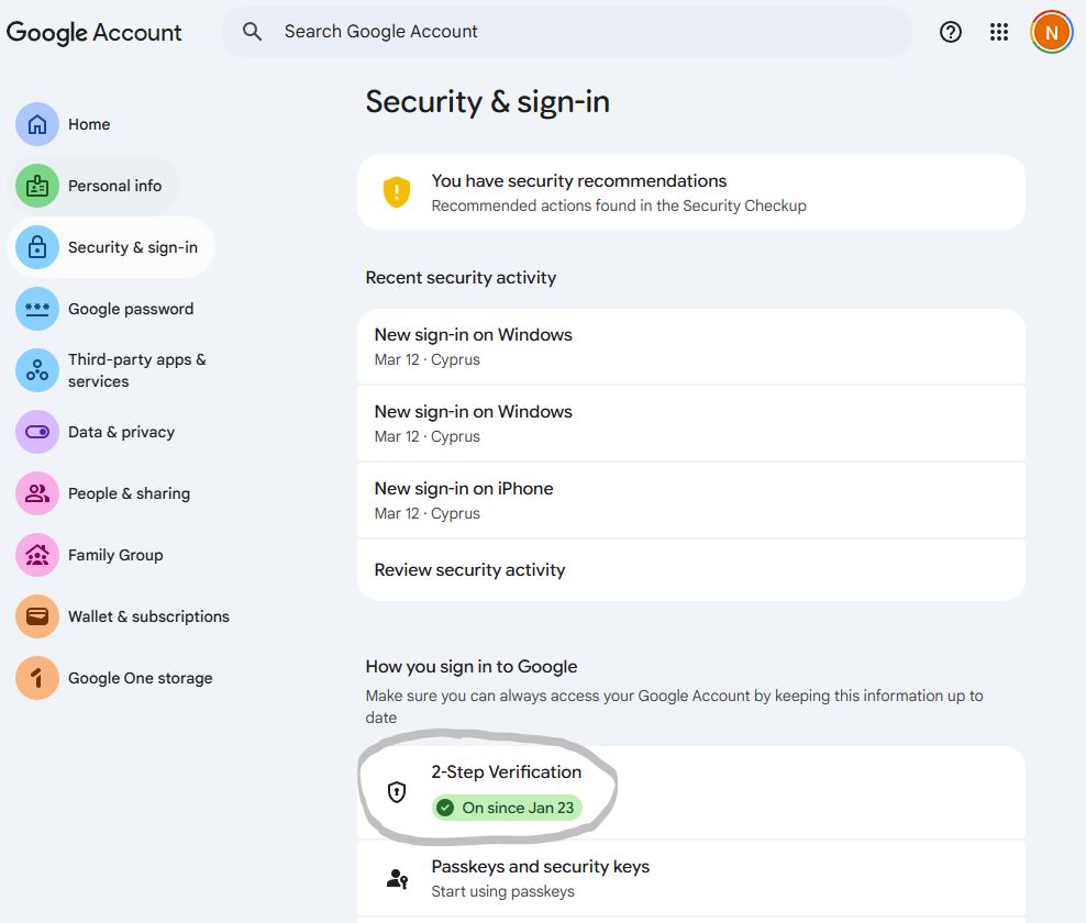 Google — Безопасность — Двухэтапная аутентификация включена